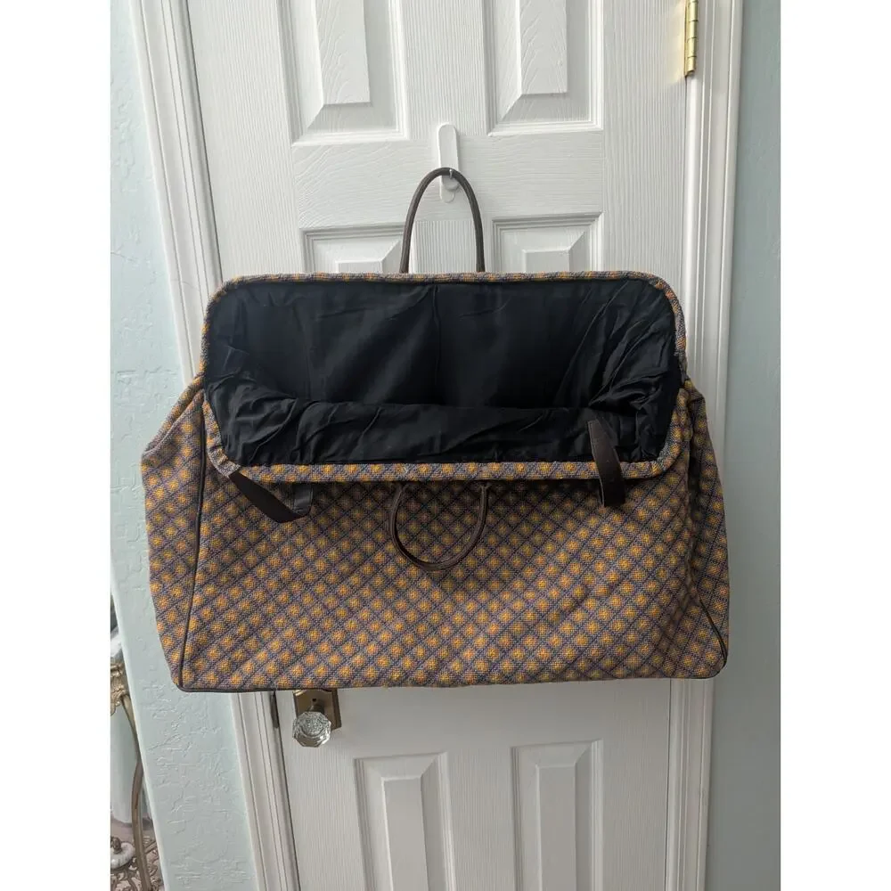1970's Geometric Needlepoint Leather Duffle Suitcase Garment Large Suitcase